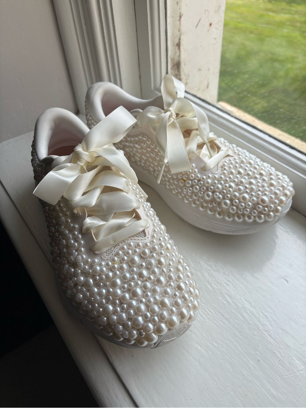 Hoka Pearl-Embellished Satin Lace Sneakers - Cream